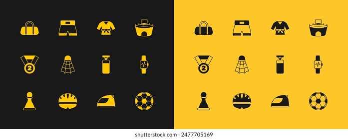 Set Stadium, Bicycle helmet, Punching bag, Racing, Badminton shuttlecock, Kimono, Sport and Boxing short icon. Vector