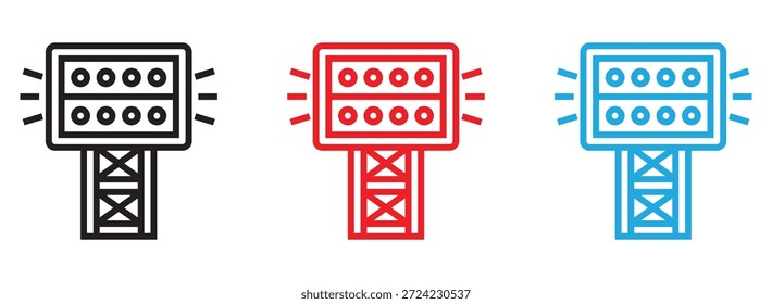 Conjunto de iconos de reflector de estadio que muestran accesorios de iluminación para eventos deportivos y estadios al aire libre