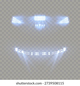 Set of stadium lights, bright glowing floodlights and arena spotlights isolated on transparent background.
