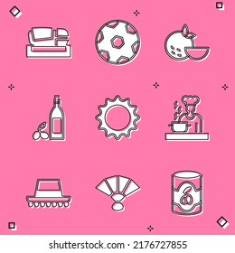Set Stadium Mestalla, Football ball, Orange fruit, Bottle of olive oil, Sun, Spanish cook, hat and Fan flamenco icon. Vector