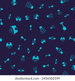 Set Stadium, Punching bag, Badminton shuttlecock and Smart watch with heart on seamless pattern. Vector