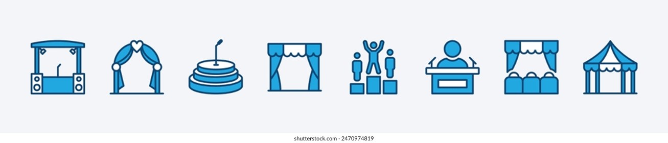 Set of stage icon. Containing event, concert, entertainment, festival tent, theatre, cinema, championship podium, conference, wedding. Vector illustration