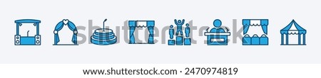 Set of stage icon. Containing event, concert, entertainment, festival tent, theatre, cinema, championship podium, conference, wedding. Vector illustration