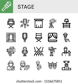 Set Of Stage Icons. Such As Microphone, Director Chair, Curtain, Studio Lighting, Night Stand, Stage, Directors Chair, Spotlight, Bollywood, Singer, Musician, Actor , Stage Icons