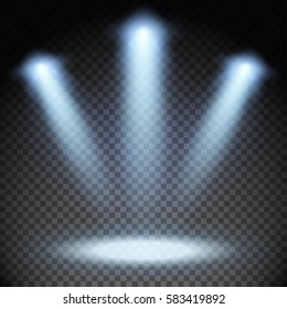 Set of stage illuminated by three spotlights. Scene illumination on transparent background. Cold light effect. Mockup ready for your design. Vector illustration.