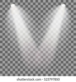 Set of stage illuminated spotlight. Scene illumination on transparent background. Cold light effect. Vector illustration.