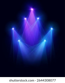 A set of stage light beams in bright colors on a dark background. The light effect is suitable for show design, visualizations and interfaces.