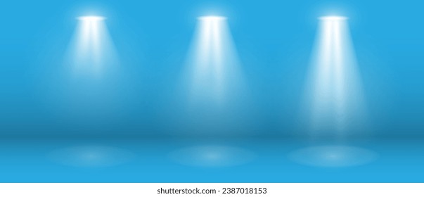 Un conjunto de luces de escenario con luces blancas sobre un fondo azul. Luces luminosas con focos. Fuentes de luz vectorial. La luz del foco. EPS vectorial 10.