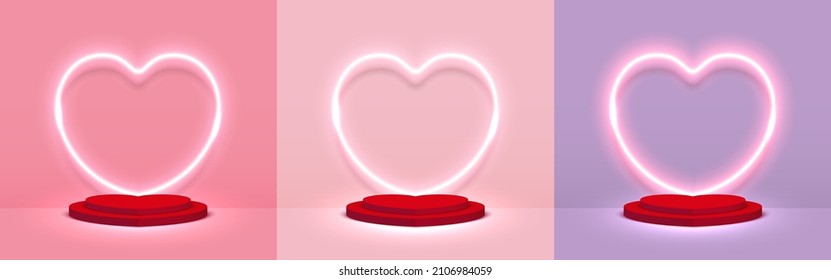 Set of stage podium decoration with heart shape neon lighting. Pedestal scene with for product display on Pink, Purple background. Valentine's day background. Minimal style. Vector illustration.