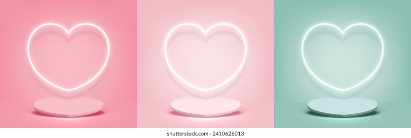 Conjunto de decoración de podio escénico con iluminación de neón de forma cardíaca. Escena peatonal con para la visualización de productos en color rosa, rosa, verde. Antecedentes del día de San Valentín. Estilo minimalista. Ilustración vectorial.