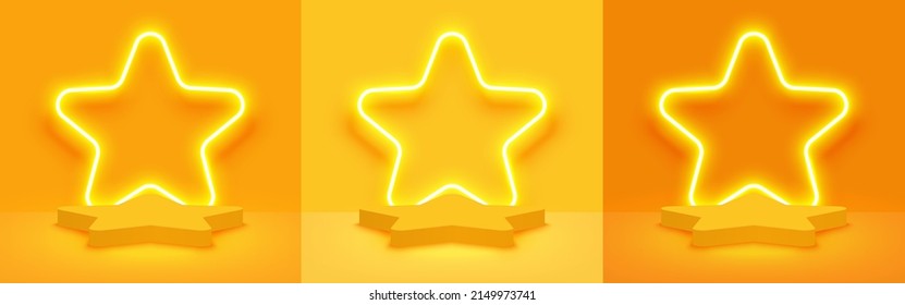 Set of stage podium decoration with star shape neon lighting. Pedestal scene with for product display on yellow and orange background. Vector illustration.