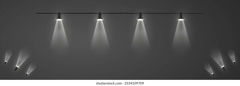 Set of stage and podium light spotlights, lamp lights. On a transparent background.