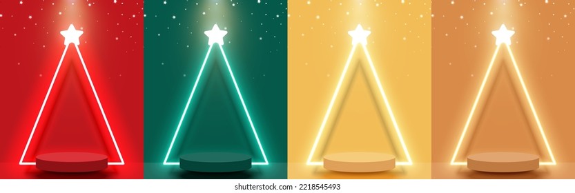 Set of stage podium with triangle neon light and star. Pedestal design for product display on Christmas day. Vector illustration.