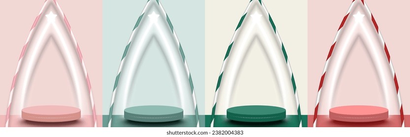 Set of stage podium with triangle pole, neon light, star. Pedestal for product display. Vector.
