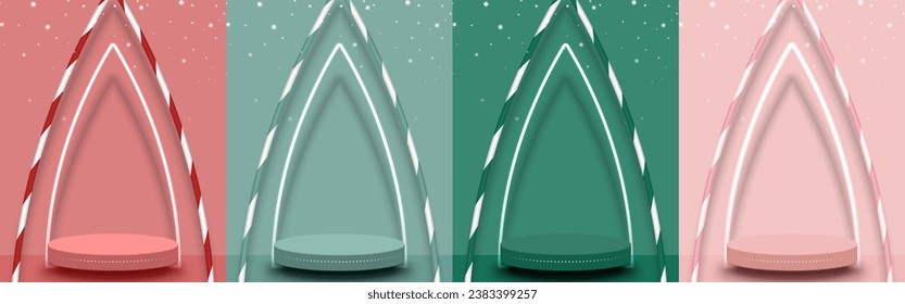 Conjunto de podio escénico con polo triangular, luz de neón, estrella. Pedestal para la exhibición de productos navideños.