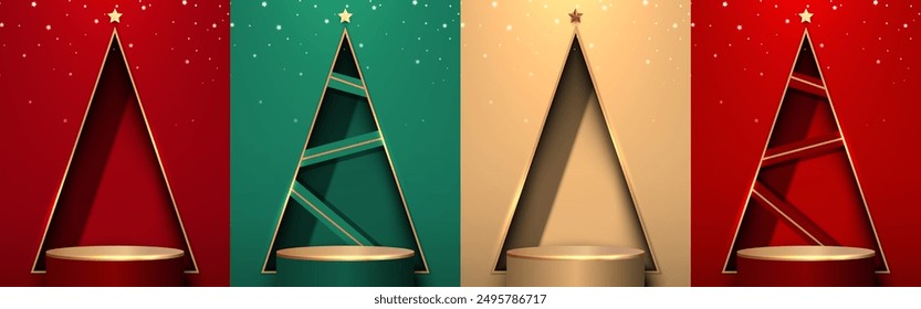 Set of stage podium with triangle wall in luxury style, light and star. Pedestal design for product display on Christmas day. Vector illustration.