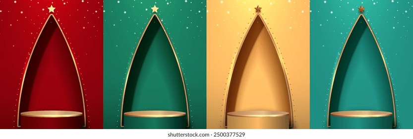 Set of stage podium with triangle wall in luxury style decorated with light and snowfall. Christmas colors theme. Pedestal design for product display on Christmas day. Vector illustration.