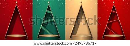 Set of stage podium with triangle wall in luxury style, light and star. Pedestal design for product display on Christmas day. Vector illustration.