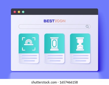 Set Stage stand or debate podium rostrum, Fingerprint and Old hourglass icon. Vector