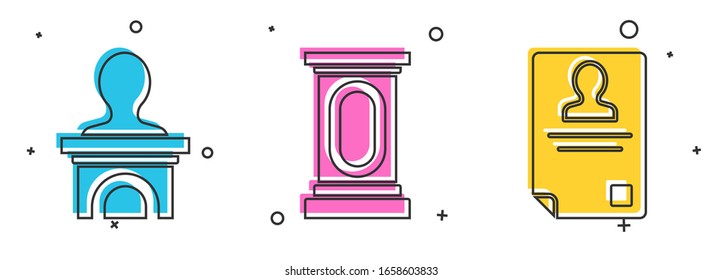 Set Stage stand or debate podium rostrum, Stage stand or debate podium rostrum and Identification badge icon. Vector