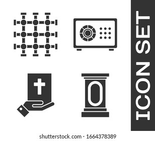 Set Stage stand or debate podium rostrum, Prison window, Oath on the Holy Bible and Safe icon. Vector