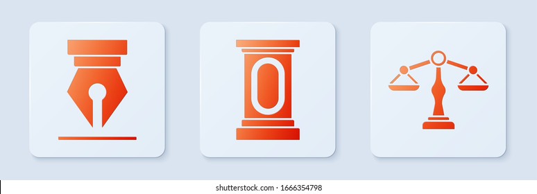 Set Stage stand or debate podium rostrum, Fountain pen nib and Scales of justice. White square button. Vector