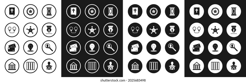 Set Stage stand or debate podium rostrum, Hexagram sheriff, Handcuffs, Holy bible book, Fountain pen nib, Police badge, Magnifying glass for search and Envelope icon. Vector