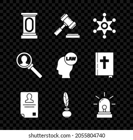 Set Stage stand or debate podium rostrum, Judge gavel, Hexagram sheriff, Identification badge, Feather inkwell, Flasher siren, Magnifying glass for search and Head with law icon. Vector