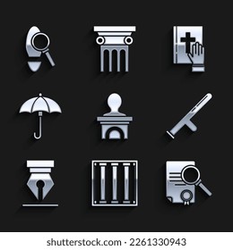 Set Stage stand or debate podium rostrum, Prison window, Document with search, Police rubber baton, Fountain pen nib, Umbrella, Oath the Holy Bible and Magnifying glass footsteps icon. Vector