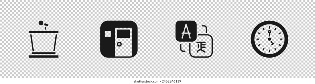 Set Stage stand, School classroom, Translator and Clock icon. Vector