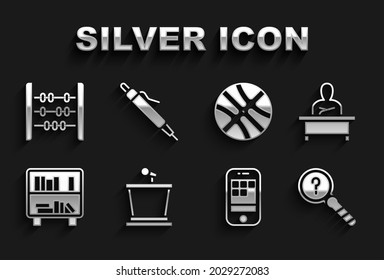 Set Stage stand, Schoolboy sitting at desk, Unknown search, Smartphone, Shelf with books, Basketball ball, Abacus and Pen icon. Vector