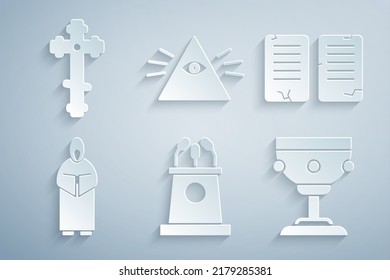 Set Stage stand or tribune, The commandments, Monk, Christian chalice, Masons and cross icon. Vector