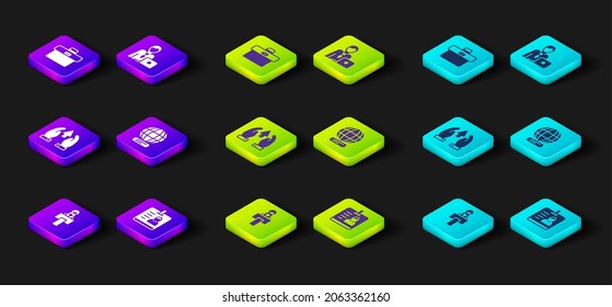 Establecer un stand o tribuna de escenario, insignia de identificación, progreso de la gráfica de crecimiento, a nivel mundial, hombre de negocios e icono de Maletín. Vector