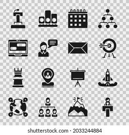 Set Stage stand or tribune, Rocket, Target with arrow, Calendar, Speech bubble chat, Chat messages on laptop,  and Envelope icon. Vector