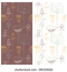 Set of stages of blossoming and withering of dandelion. Isolated Silhouette with flying dandelion buds on white background. Hand drawn vector illustration, realistic sketches.
