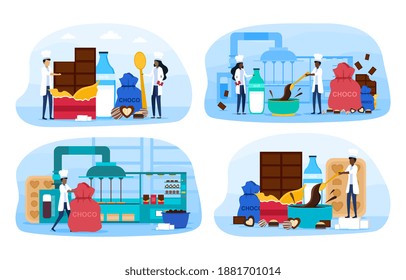 Set of stages of chocolate cooking. Concept of chocolate production at the factory with people in uniform mixing, cooking and manufacturing. Flat cartoon vector illustration