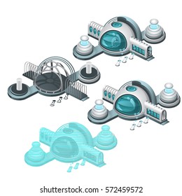 The set of stages of construction and destruction of futuristic research station isolated on white background. Cartoon vector illustration close-up.