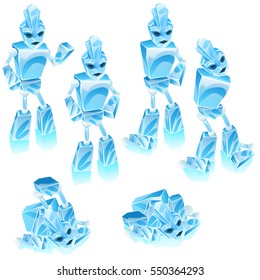 The set of stages of creation and decay of the ice character, isolated on a white background. Vector illustration close-up.
