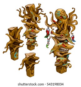 Set of stages of creation wooden figurines fish shark and octopus on pedestal in Mayan style isolated on white background. Ancient tribal totem of sea inhabitants. Vector cartoon illustration close-up