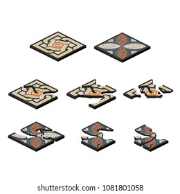 The set of stages of destruction of floor paving isolated on white background. Vector cartoon close-up illustration.