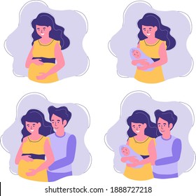 A set of stages of family development. Pregnancy, birth of the first-born child, mother and loving father family together waiting for support. Vector illustration in flat style
