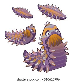 The set of stages of a growing fantasy caterpillars with spikes and tentacles. Vector illustration.