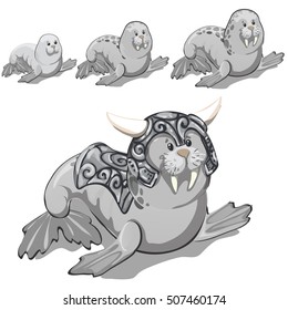 The set of stages of growing up walrus in the gray metal suit with horns. Vector illustration.
