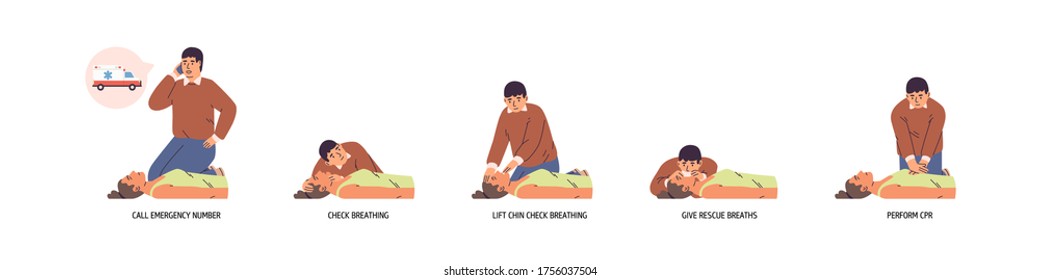 Set of stages to perform emergency first aid vector flat illustration. Instruction to medical cardiopulmonary resuscitation procedure isolated. Technique for chest compression to support breath