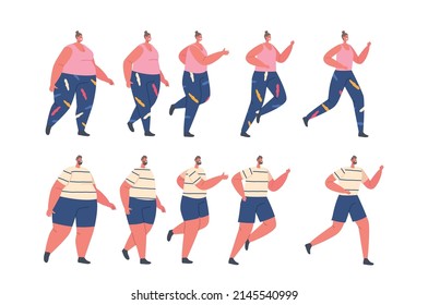 Set Stages of Slimming, Men and Women Weight Loss. Fat Male Female Characters Walk and Run, Transformation Timeline of Obese People Turning into Athletes with Healthy Body. Cartoon Vector Illustration