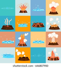 Set of stages of volcano eruption and water discharge by blue geyser. Splash of hot lava, flowing magma, discarded steam under pressure. Powerful aqua fountain from hot spring, vector illustration