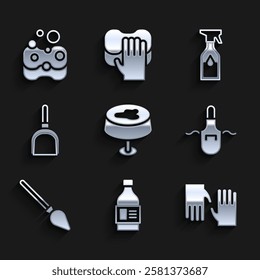 Set Stain on the tablecloth, Bottle for cleaning agent, Rubber gloves, Kitchen apron, Handle broom, Dustpan, Cleaning spray bottle and Sponge icon. Vector