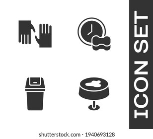Set Stain on the tablecloth, Rubber gloves, Trash can and Washing dishes icon. Vector
