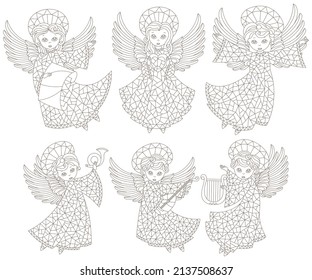 A set of stained glass angels , contour figures isolated  on a white background