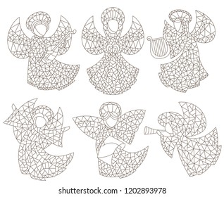 A set of stained glass angels and stars, contour figures on a white background